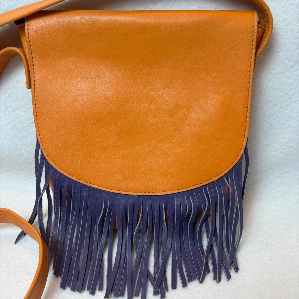 Vintage Boho Orange Leather Purple Fringe Crossbody Bag Village Tannery NYC